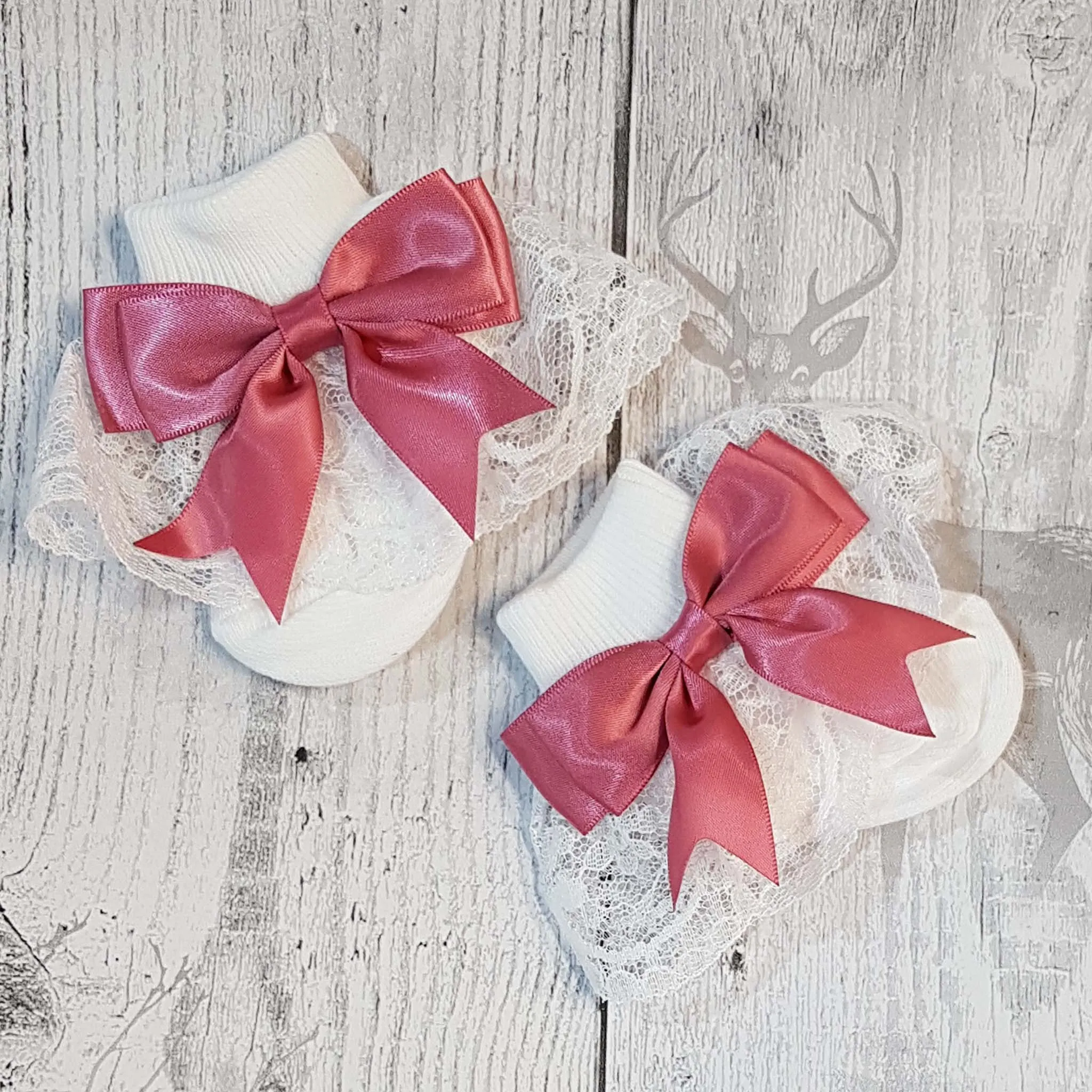 Baby Girl Ankle Socks - White & Dusky Pink Bow