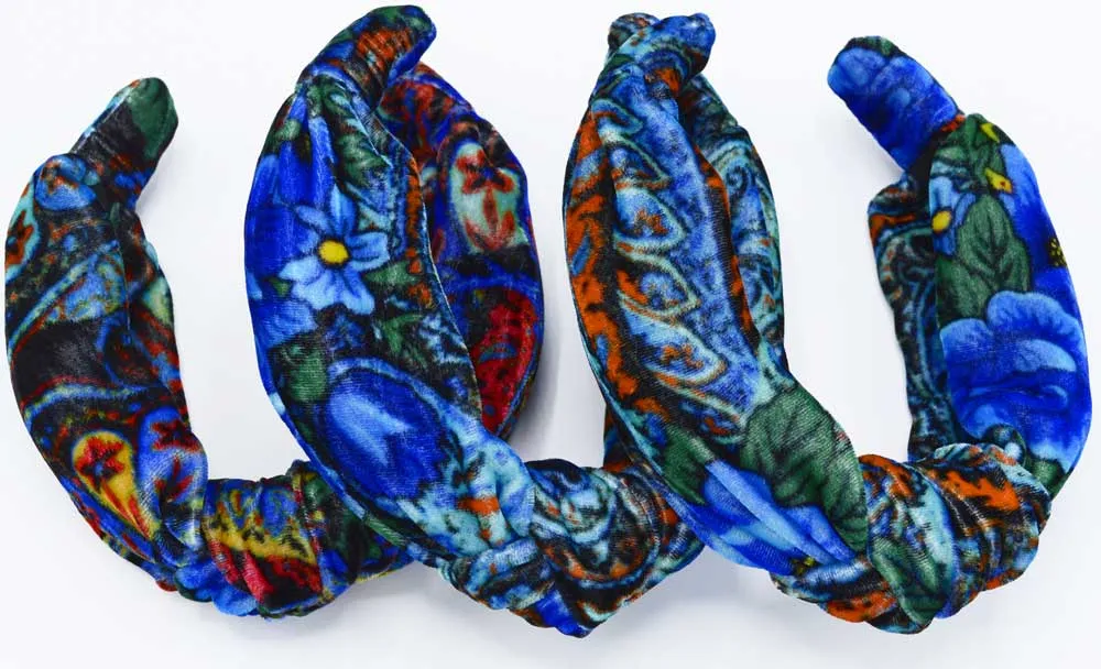 Blue Roses - silk velvet knot headband