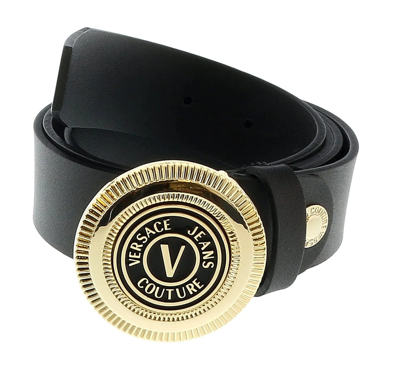 Versace Jeans Couture Black/Light Gold V-Emblem Logo Buckle   Adjustable Leather  Belt-