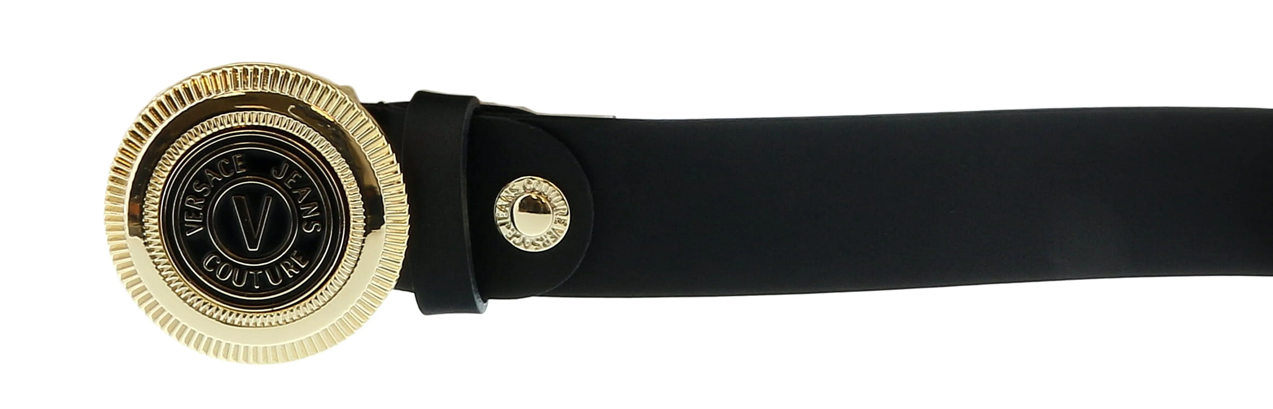 Versace Jeans Couture Black/Light Gold V-Emblem Logo Buckle   Adjustable Leather  Belt-