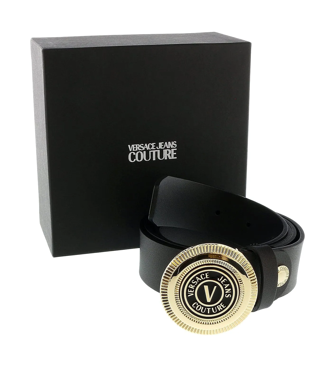 Versace Jeans Couture Black/Light Gold V-Emblem Logo Buckle   Adjustable Leather  Belt-