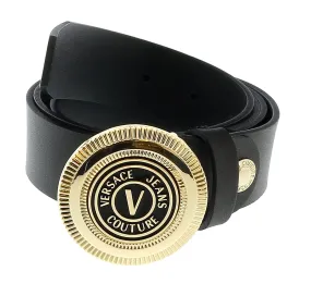 Versace Jeans Couture Black/Light Gold V-Emblem Logo Buckle   Adjustable Leather  Belt-