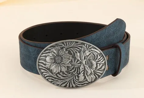 Vintage Leaf Round Buckle Print Belt