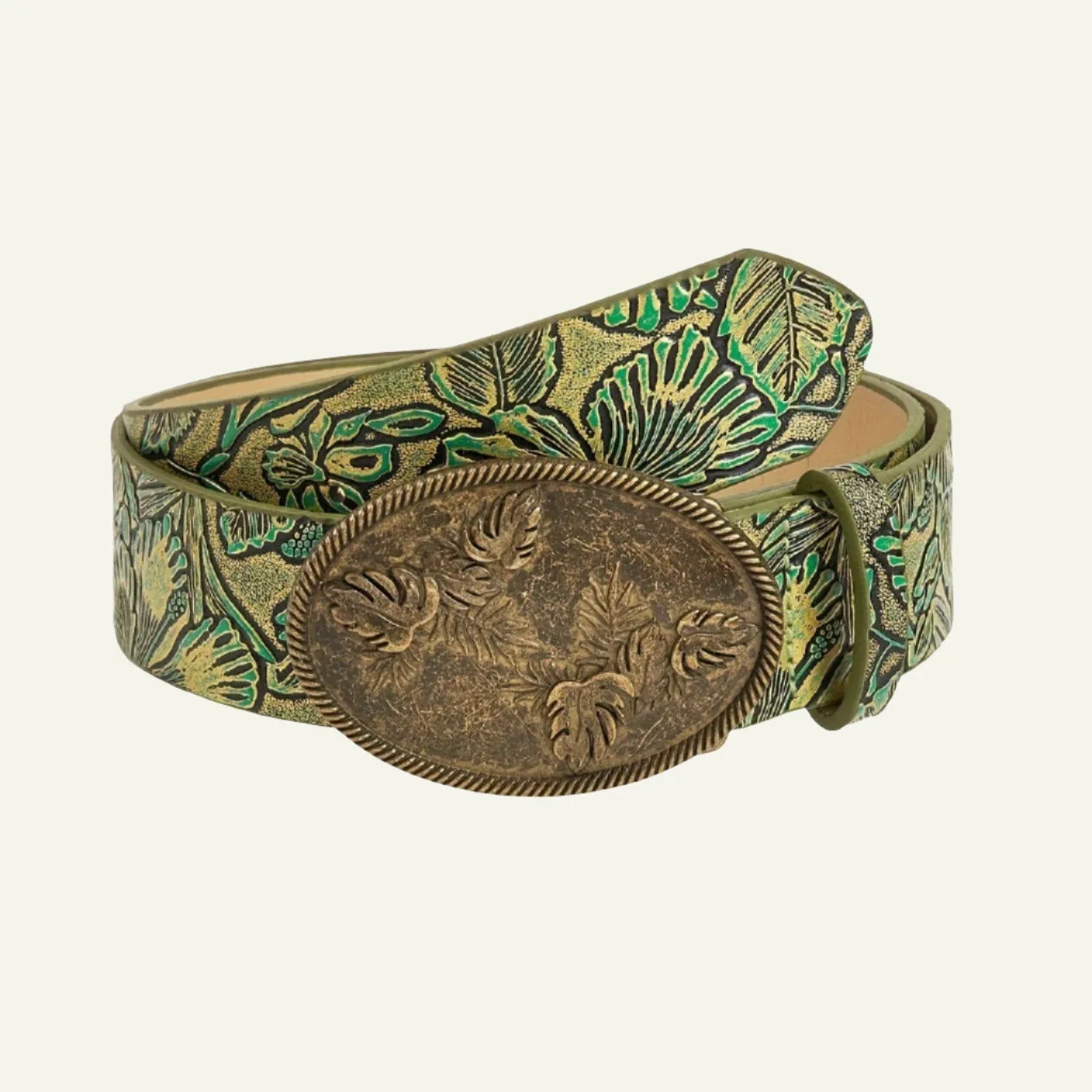 Vintage Leaf Round Buckle Print Belt