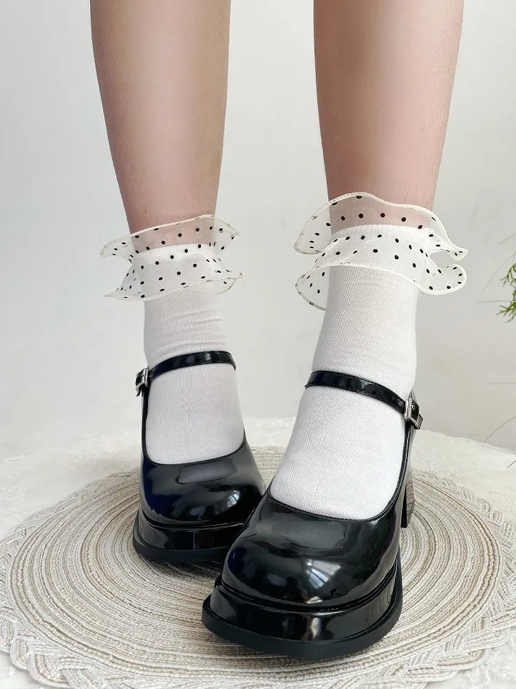 White Polka-dot Organza Trim Sweet Lolita Ankle Socks